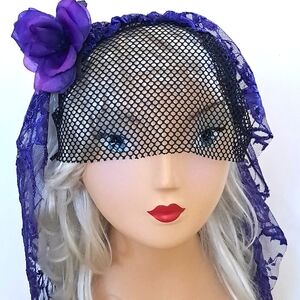 Dia de los Muertos Headband Veil Purple Rose Lace Black Fishnet Goth